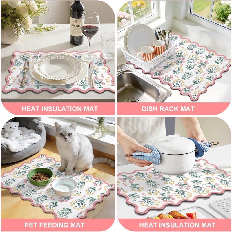 1 Pack Scalloped Floral Dish Drying Mat, 12"x20" Coffee Mat