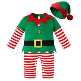LENSOUS Infants Baby Christmas Elf Costume Santa's Helper Cosplay Dress Up Uniform with Hat (Red, 18-24 Months)