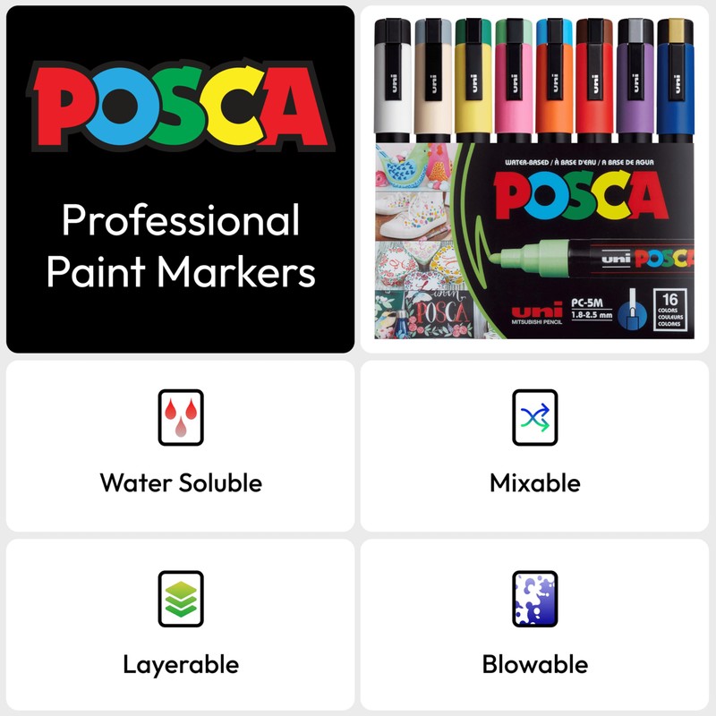 Posca Acrylic Paint Marker Set, 16-Color Med