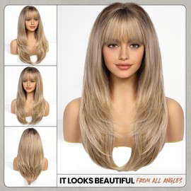 EMMOR Blonde Wig With Bangs For Women Long Straight Wigs Synthetic Layered Hairstyle For Girls Party Cosplay And Daily Use(26" Ash Blonde)