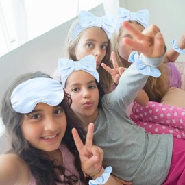 WHAVEL 18 Pcs Sleepover Party Supplies for Girls - Sleepover Party Favors Include 6 Spa Headband, 6 Silk Eye Mask and 6 Velvet Scrunchies for Spa Birthday, Bachelorette, Slumber (Blue)