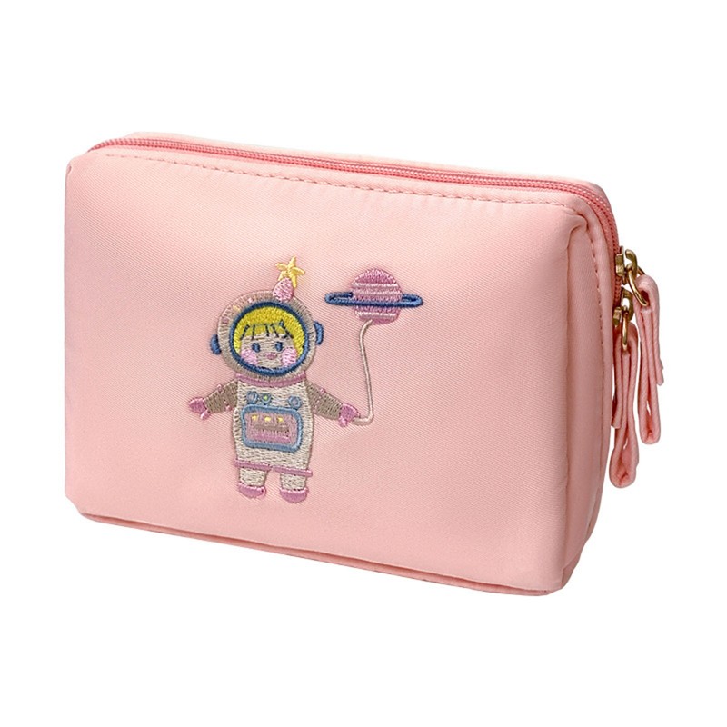 Spaceman Embroidered Mini Makeup Bag Zipper Closure Multi Compartment Travel