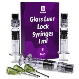 MyMed 3 Pack Borosilicate Glass Luer Lock Syringe 1ml Capacity Reusable Glass Syringes - Use for Arts and Crafts, Thick Liquids, Oils, Vet, Glue, Lab, Ink with GA Blunt Tip Pet Safe Needles