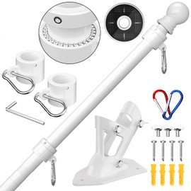 ZMTECH Flag Pole - Upgraded Bracket, 6 FT Stainless Steel Flag Poles for Outside House, Residential or Commerical, Tangle Free Flag Pole Kit for American Flag (with Solar Light, White)