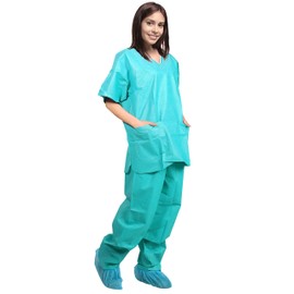 AMZ Medical Supply Teal Disposable Scrubs Top and Bottom, X-Large. Pack of 5 Disposable Scrubs Set. Anti-Static 42 GSM SMS Medical Suit with 3 Pockets, V-Neck, Waist Ties. Waterproof Medical PPE