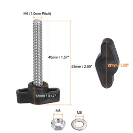 HARFINGTON 8pcs Tee Wing Knobs M6 x 40mm Metric 304 Stainless Steel Threaded Stud 27mm Z/T Head Plastic Handles Thumb Screws Hand Clamping Knob Grip Thumbscrew with Nuts Washers, Black