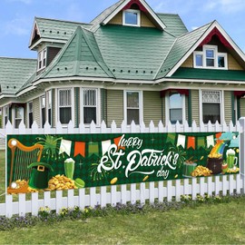 Large Happy St. Patrick's Day Banner Day Decorations Shamrock Sign Irish Party Hanging Supplies Decor Holiday with Brass Grommets for Home Outdoor Indoor Yard Garden 120" x 20" St Patricks