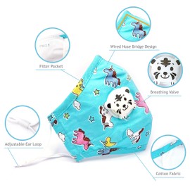 Kids Children Premium Cotton Reusable Washable Mask with Breather Valve & Filter Pocket/SET (TURQUOISE + WHITE)