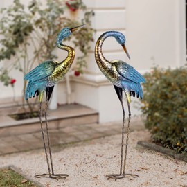 Natelf Garden Crane Statues Outdoor, Standing Blue Heron Decoy Sculptures, Metal Bird Yard Art for Lawn Patio Backyard Decoration(Set of 2)