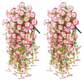 2 PCS UV Resistant Artificial Hanging Flowers Outdoor - 29.5" Silk Morning Glory with Eucalyptus, Faux Petunias for Porch Baskets & Home Garden Decor, All-Season Faux Flowers (2, Light Pink)