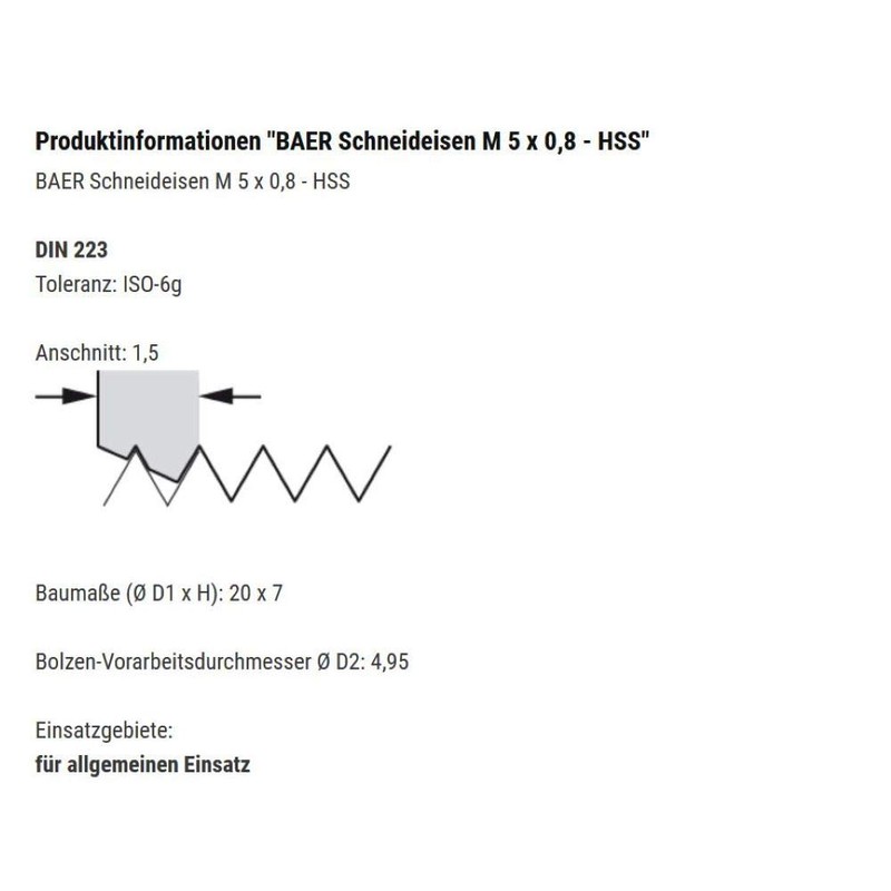 Baer M5 HSS Die - M 5 x 0.8 -