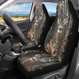 SCRAWLGOD Deer Car Seat Covers Front Seats Only Camo Auto Seat Covers Front Seats Hunting Forest Womens 2 Piece Vehicle Seats Bench Cover Automotive Interior Accessories Universal Fit SUV Truck Sedan