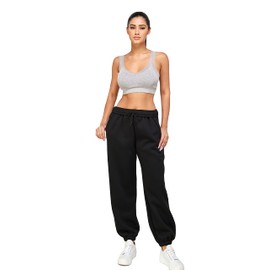 IUUI Women's High Waisted Fleece Sweatpants - Casual Baggy Joggers with Pockets, Foldable Warm Lounge Pants Black