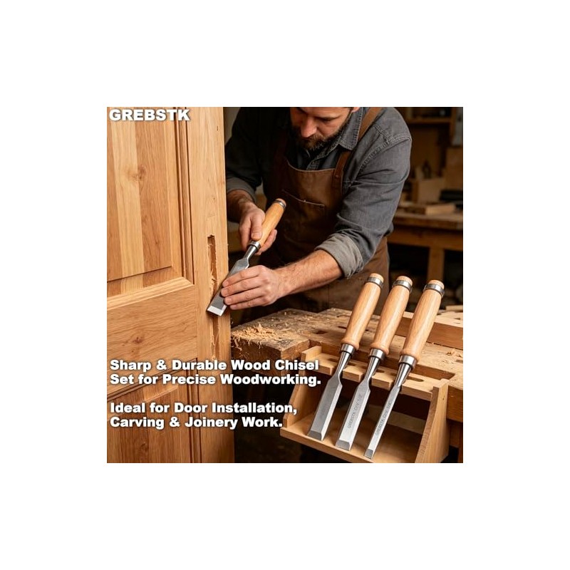 GREBSTK 4-Piece Ultra-Sharp Wood Chisel Set, CR-V Steel Beveled Blades