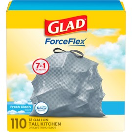 Glad Bolsas de basura altas con cordón para cocina, bolsa de basura blanca de 13 galones, Febreze Fresh Clean, 110 unidades | Febreze Freshness, Rip a