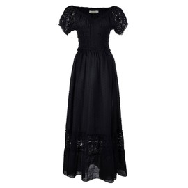 Anna-Kaci Peasant Maiden Boho Inspired Cap Sleeve Lace Trim Maxi Dress, Black, Large