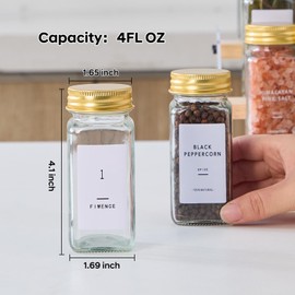 Fiwence 24 Pcs Glass Spice Jars with 576 Labels, 4oz Empty Square Spice Containers,Seasoning Bottles with Gold Metal Caps - Shaker Lids, Funnel and Pen Included