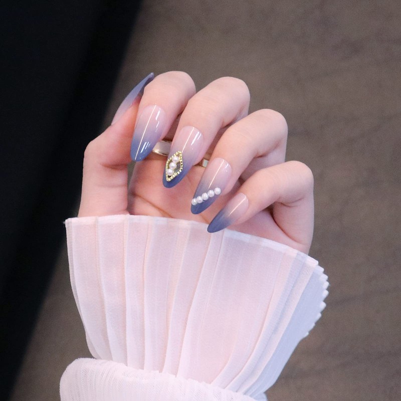 24pcs Navy Gradient Nail Tips French Nail Pearls for Wedding,