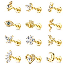JeryWe 12Pcs 16G Cartilage Stud Earring for Women Stainless Steel Top Screw Flat Back Earrings Bee Butterfly Snake Evil Eye Moon Heart CZ Nose Rings Studs, Zirconia, Gold-6mm