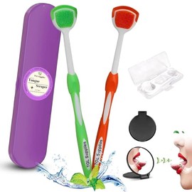 Raspador de lengua TGL Supplies para adultos (2 paquetes de raspadores de lengua con estuche + 6 paquetes de palillos de hilo dental + 1 hermoso espej