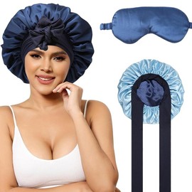 AWAYTR Satin Bonnet for Women Silk-Like Bonnets for Sleeping Curly Hair Bonnets with Tie Band Double Layer Sleep Cap and Eye Mask 2Pcs/Set - Color: navy blue