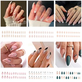 6 Pack (144 pcs) Nail Tips Popular Medium Design, NIUANIUA Short False Nails Cute Almond Shape Gluon Nail Set with Nail File for Women Fashion Nails (French Manicure)