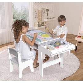 Milliard Kids Art Table Set with Chairs for Playroom, Toddler Craft and Play Wood Activity Table with Storage Bins and Paper Roll (Grey and White)