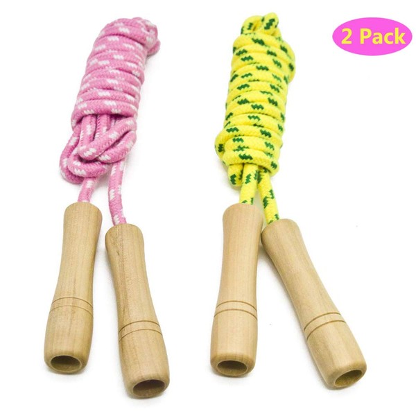 Cotton Jump Rope for Kids - Wooden Handle - Adjustable Cotton Braided Fitness Skipping Rope - Outdoor Fun Activity, Great Party Favor, Exercise Activity, Pack of 2 (Yellow+Pink)