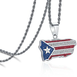 ROWIN&CO Puerto Rico Map Necklace, Iced Out Flag Pendant, Gold/Silver CZ, 24" Chain, Waterproof (Puerto Rico Map Flag SilverTone A With CZ)