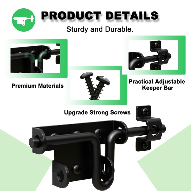 Heavy Duty Slide Bolt Gate Latch for Wooden Fence, 2