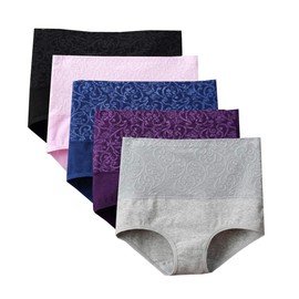 Lashapear Womens High Waist Underwear Solid Color Tummy Control Cotton Brief Panties 5 Pack, Color4, XX-Large