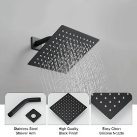 BWE Shower Faucet Set Matte Black Bathroom Rain Shower System Single Function Shower Trim Kit with Rough-in Valve 8 Inch Square Rainfall Shower Head and Handle Set