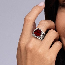 925 Sterling Silver Ring with Cushion Cubic Zirconia - Braid Leaf Vintage Design - Hypoallergenic, Nickel & Lead-free - Artisan Handcrafted Designer Collection (Size 5-11) - Garnet