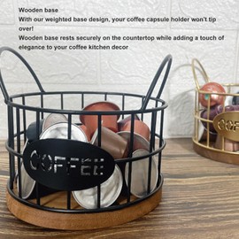 Coffee Pod Holder with Lid, Wire K Cup Storage with Wooden Base Large Capacity Wire K Cup Holder with Wooden Base Modern Coffee Basket Coffee Bar Decor for Coffee Station