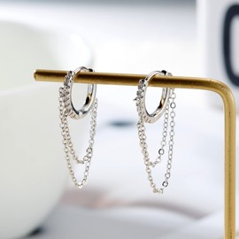 Small Huggie Hoop Earrings for Women Tassel Chain Hoop Dangle Drop Earrings Trendy Cubic Zirconia Earrings Gift (Silver-1)