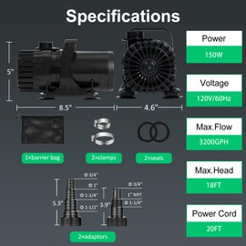 HURMOVAE 150W 3200 GPH Submersible Pond Pump for Outdoor Ponds, Fountains & Water Gardens, Pond Waterfall Pump with 180° Adjustable Outlet, Barrier Bag, 20FT Power Cord, Ultra-Quiet, UL Listed