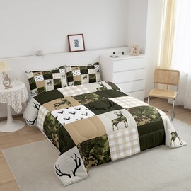 Homewish Camouflage Comforter Set Twin Size Woodland Camo Quilt Set Green and Beige Plaid Print Bedding Set 2pcs for Kids Boys Teens Room Decor, Animal Deer Antlers Duvet Insert with 1 Pillowcase