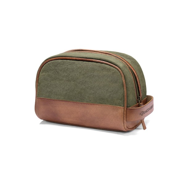 DRAKENSBERG Dopp Kit 'Glen' - classic toiletry bag and kit, cosmetic and toilet-bag, ladies, men, sustainably handmade, retro-vintage, 5L, canvas, leather, olive-green, DR00177
