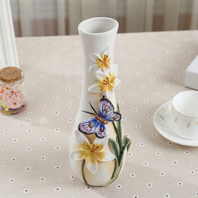 FORLONG Ceramic Vase, Hand-Painted Butterflies and Lilies Flowers Home Decor