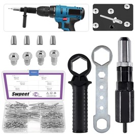 Swpeet Juego de Adaptador de Pistola de Remache Eléctrica de Aleación de Acero Negro de 211 Piezas, Incluye Cabezal de Remache de Diámetro 2.4/3.2/4.0/4.8mm y Llave de Mango con Juego de Remache Ciego