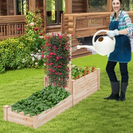 HAPPYGRILL Raised Garden Bed with Trellis, Wood Garden Box w/Open Base Design & 2 Compartments, Outdoor Wooden Planter Box Kit for Vine Climbing, Fruits, Vegetables, Flowers, Herbs, 88" x 25" x 53"