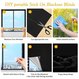 100% Blackout Blind Stick on 350x145cm, Portable Blackout Shades Curtain for Window, No Drill Film for Bedroom, Cut to Any Size, Nursery Black Out Blinds for Baby Travel Temporary