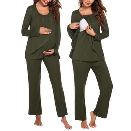 Ekouaer Women's Maternity Nursing Pajamas Set Long Sleeve Pregnancy Pajama Breastfeeding PJS Sleepwear Army Green Small