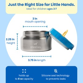 Steelies 8oz Vacuum Sealed Compact Stainless Steel Insulated Food Container for Hot & Cold Food for Kids, Easy to Open No Twisting Lid, 100% Leak Proof (Blue)