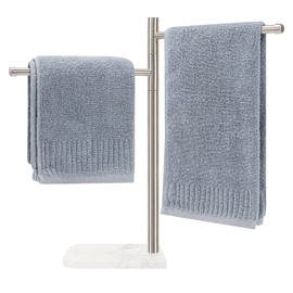 Winmien Standing Hand Towel Holder, Hand Towel Stand with Marble Base, 304 Stainless Steel Towel Rack with 2 Swivel Arm, Countertop Stand Towel Ring Towel Bar for Bathroom (Brushed Nickel, Square)