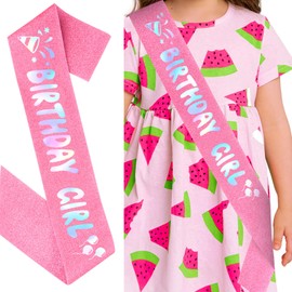 BAHABY Birthday Girl Sash with Iridescent Foil - Pink Glitter Birthday Sash for Women Girls Bday Party Favors