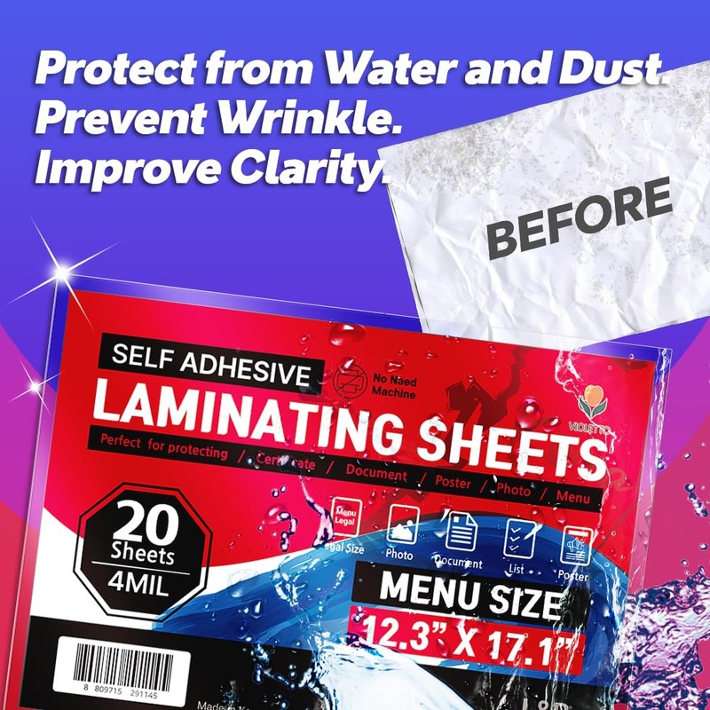 VIOLETTO Self Adhesive Laminating Sheets 12.3x17.1 inch, 10 Pack, 4mil
