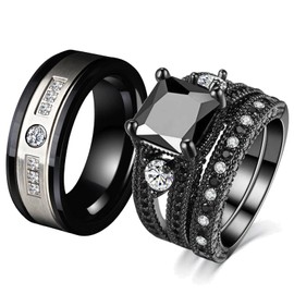 ringheart Couple Rings Matching Ring 1.5ct Black CZ Women Wedding Ring Sets for Him and Her His Her Rings, Metal crystal rhinestone stone, Cubic Zirconia