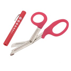 SURGICAL ONLINE Pupil Gauge LED Penlight with Bandage Scissors Matching Set for Doctor, Nurse, EMS, Medical Student, First Responder EMT Trauma Shears + Disposable Penlight - Many Color Choices (Pink)