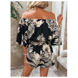 MakeMeChic Women's Summer Off Shoulder Rompers Tropical Print Half Sleeve Wide Leg Short Jumpsuit, Multicolor, X-Large